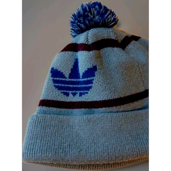 Adidas Pom Beanie Gray Blue Burgundy Knit Hat OS Y2K Streetwear Retro EUC - Picture 4 of 6